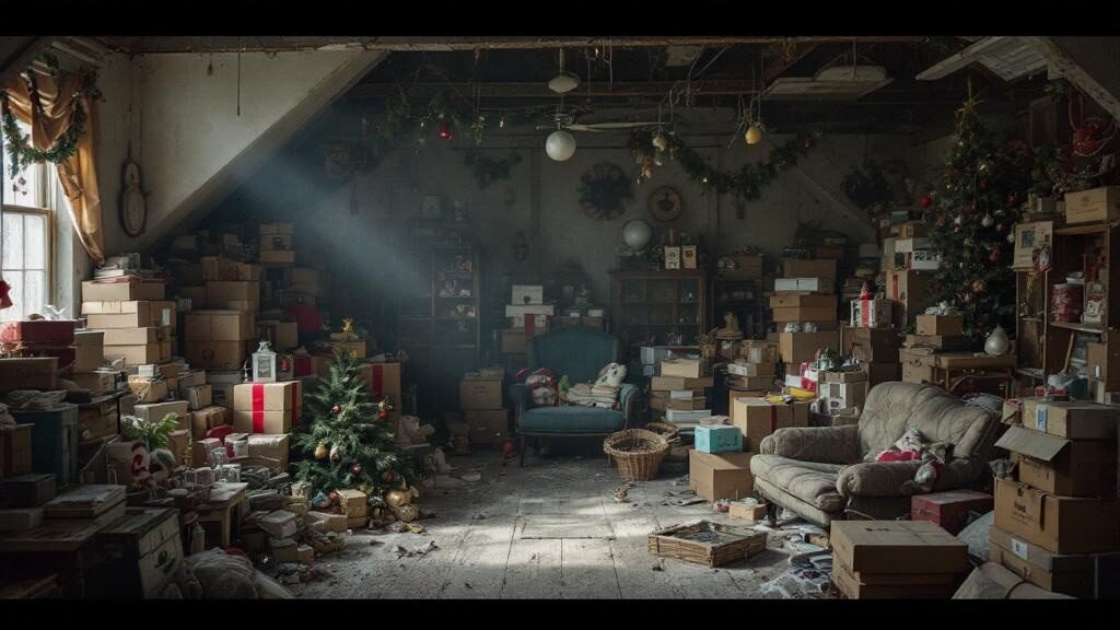 Crew clearing boxes from a packed attic space