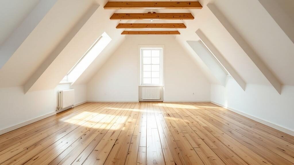 Empty attic after cleanout with visible rafters and flooring
