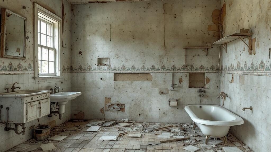 Bathroom tile being demolished and removed in a Chesapeake home