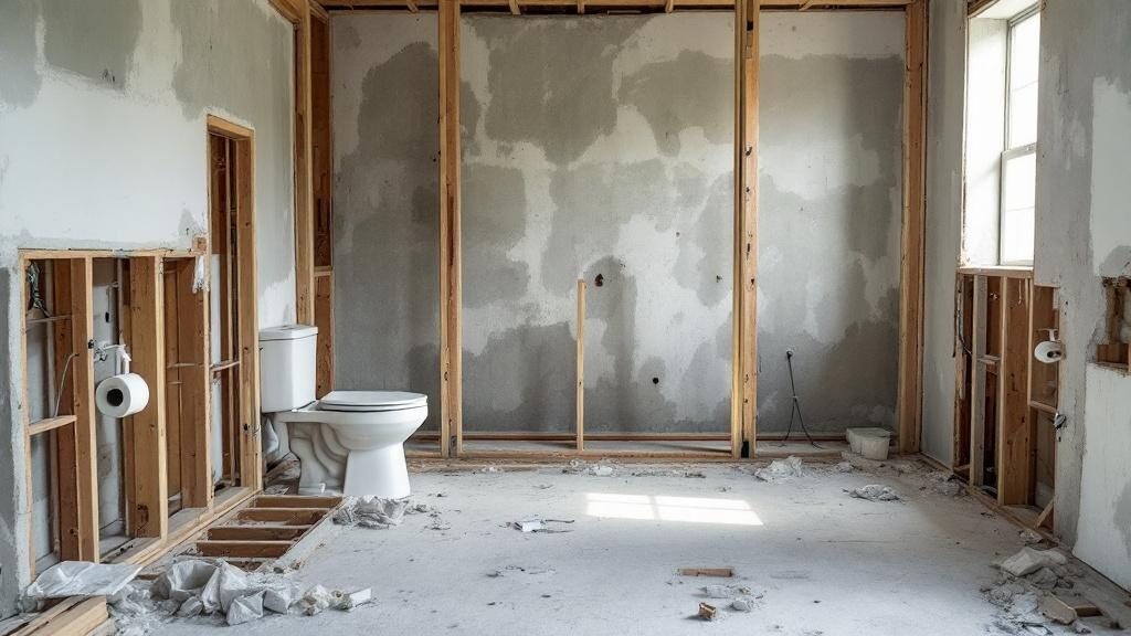 Empty bathroom after full demolition, subfloor and studs visible