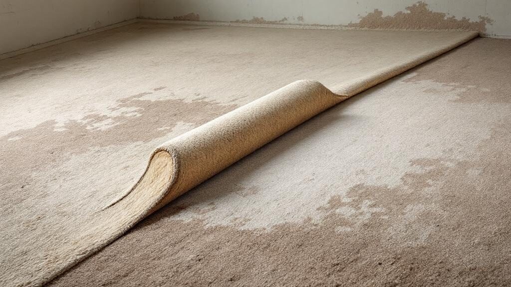 Old carpet being pulled up and rolled for removal in Chesapeake home