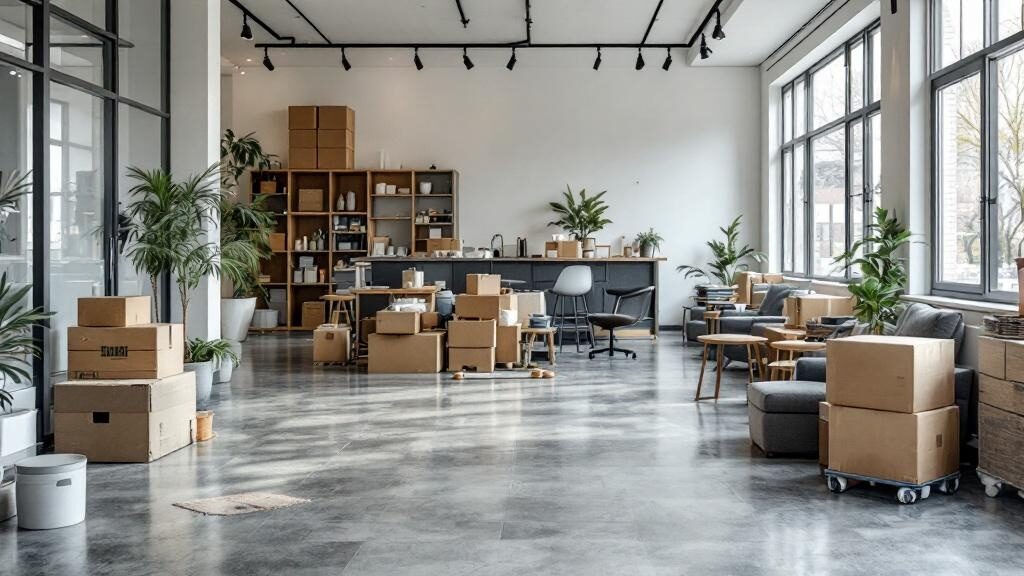 Crew clearing office furniture from a closing business