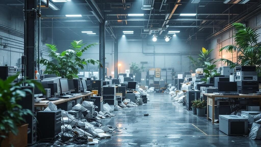 Flat panel monitors and computer equipment sorted for e-waste processing