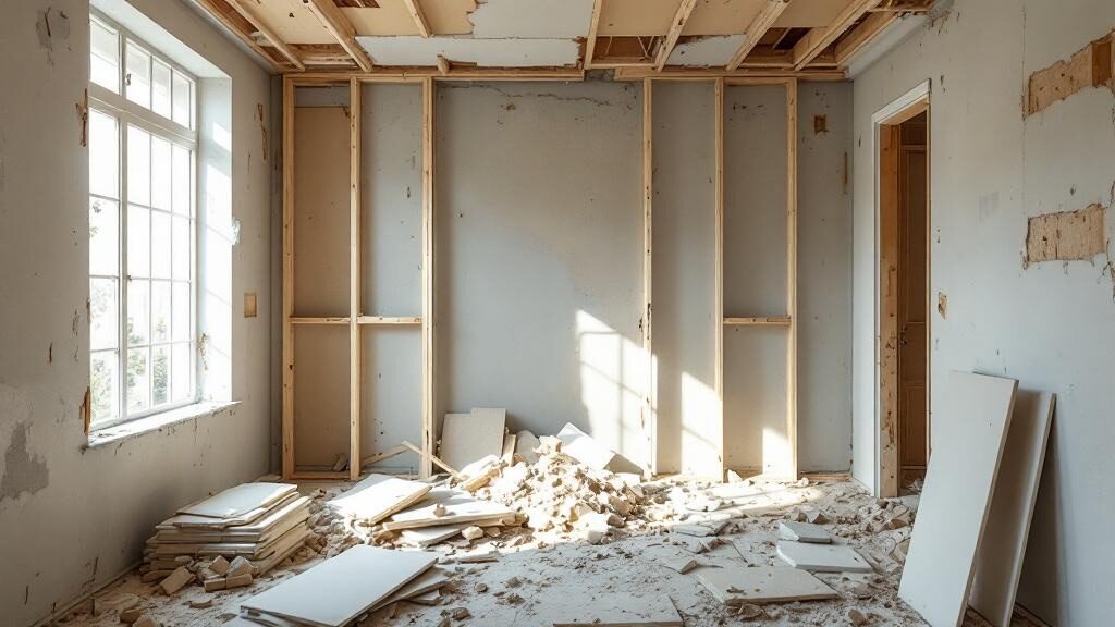 Interior demolition crew removing drywall in Chesapeake home