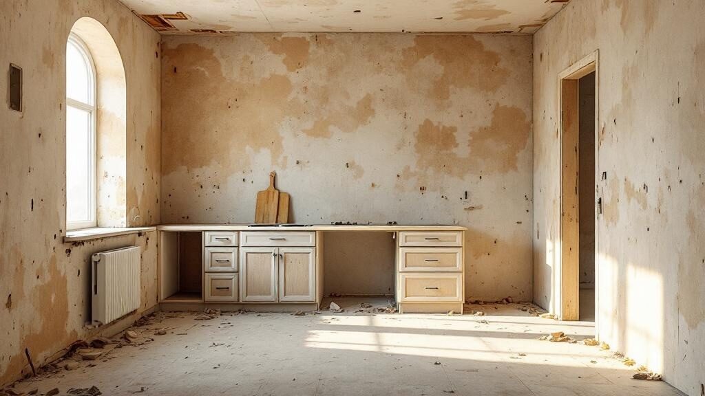 Empty kitchen after full gut-out demolition, ready for renovation
