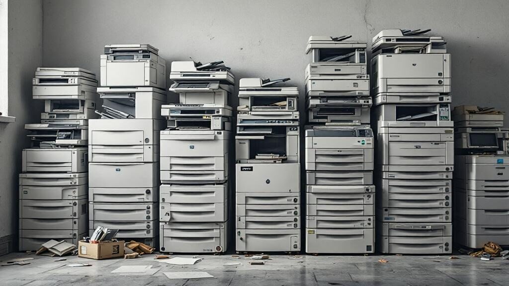 Crew loading old office printers and copiers onto truck