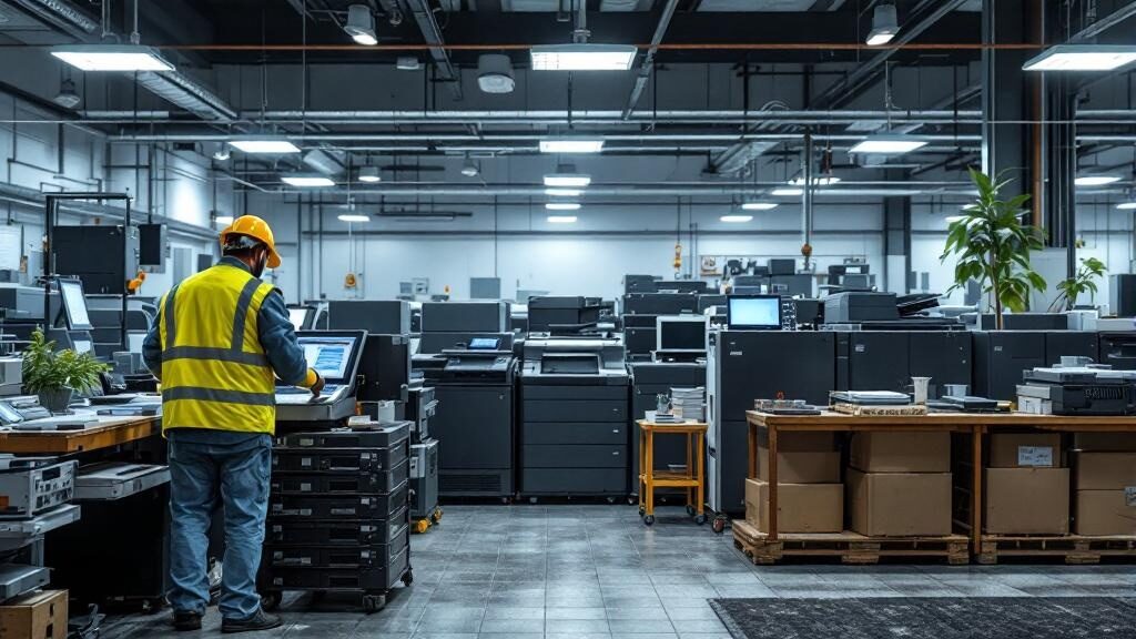 Stack of old printers and office equipment ready for e-waste recycling
