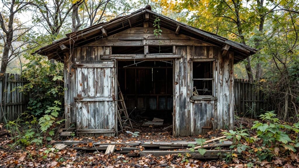 Old rotting wooden shed being demolished in Chesapeake, VA