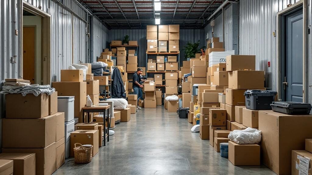 Crew clearing out a packed storage unit at a facility