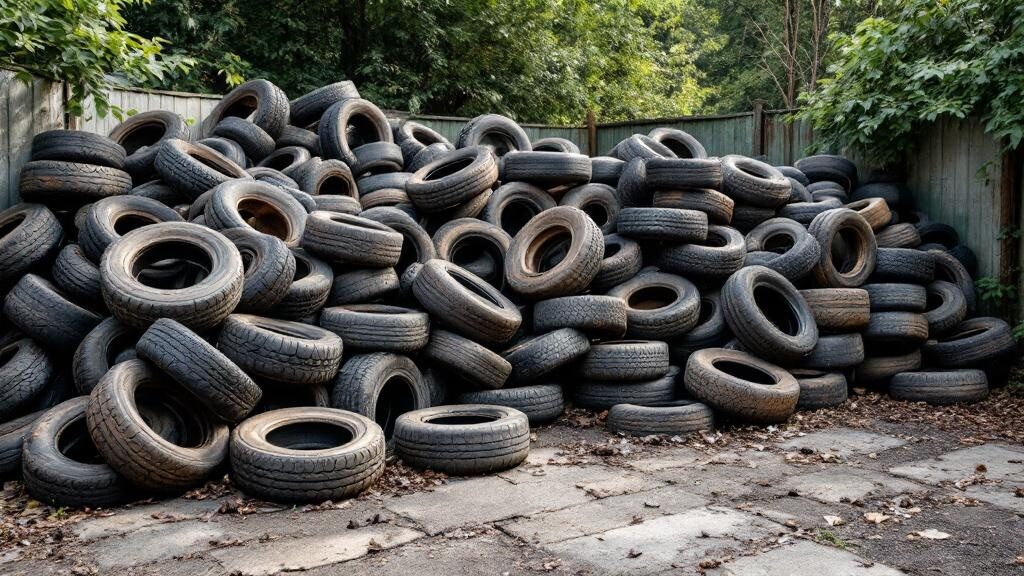 Crew loading stack of old tires from garage for recycling